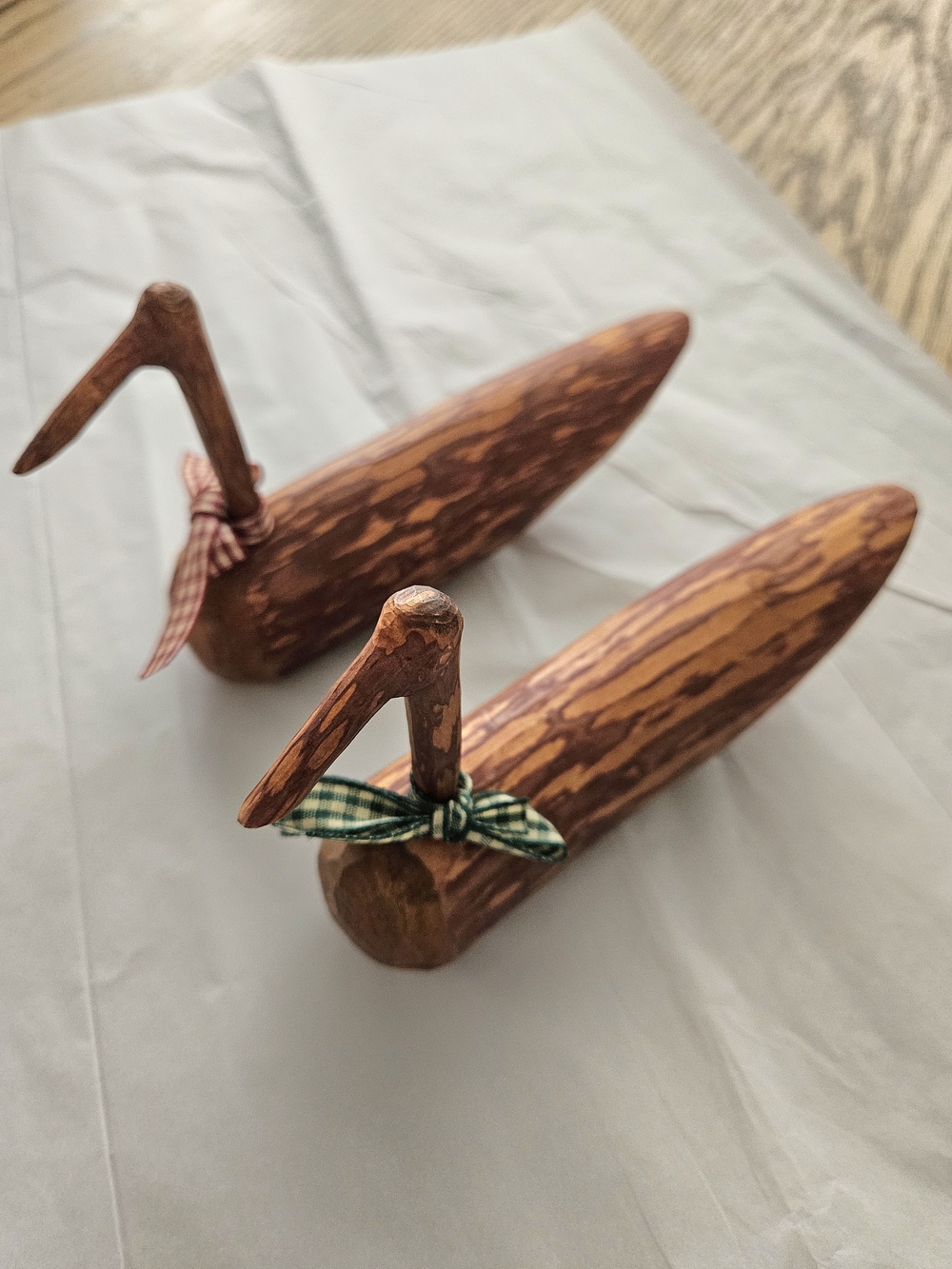 Korean Wedding Ducks Pair Brown Wood Bird Sculptures with Check Ribbon